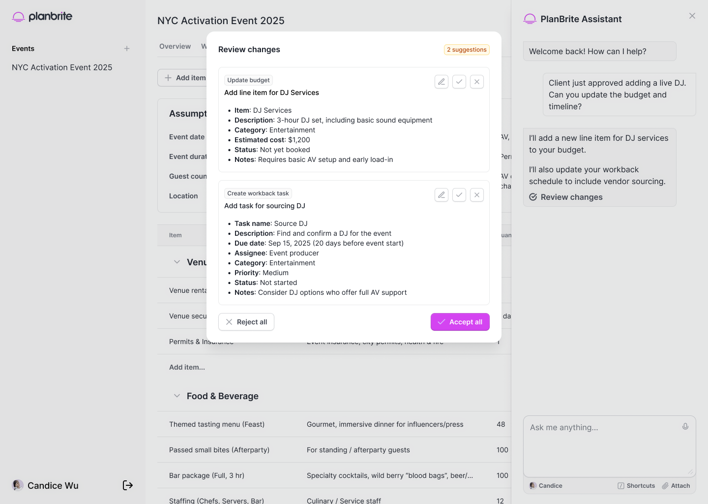 PlanBrite AI assistant chat interface showing intelligent suggestions and updates